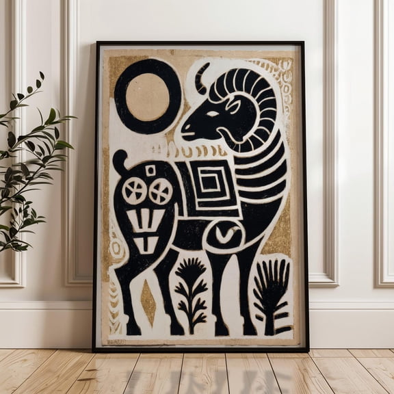 Traditional Mexican Ram Poster, Black And Gold Folk Art Print, Geometric Abstract Wall Art UNFRAMED Poster, Wall Art for Decor, Present, 16x24
