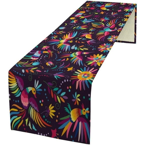 Traditional Mexican Table Runner Colorful Flower Birds Pattern Table Cloth Decoration Dresser Garden Farmhouse Wedding Party Vacation Dinner Home 13.8x71in