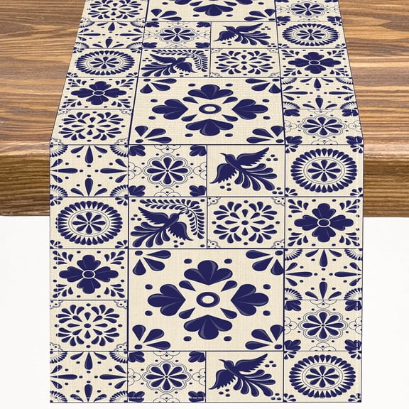 Traditional Mexican Table Runner Retro Blue Talavera Style Pattern Table Cloth Decoration Dresser Garden Farmhouse Wedding Party Vacation Dinner Home 13x36in