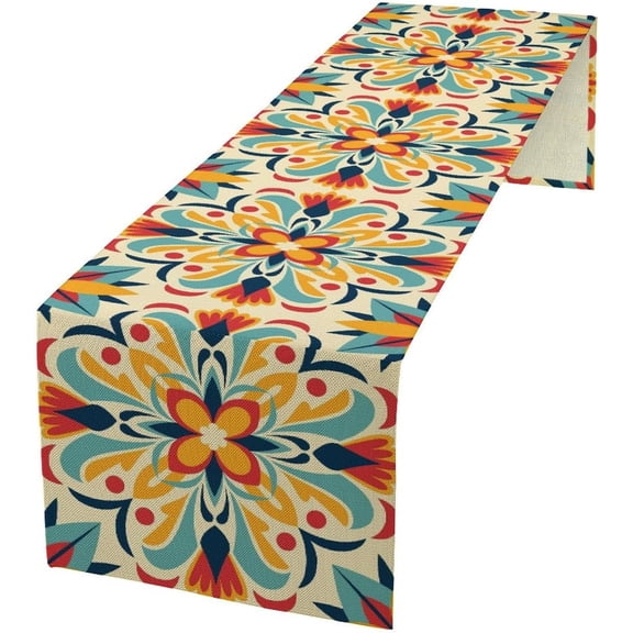Traditional Mexican Table Runner Traditional Flowers Leaves Mexican Tile Pattern Table Cloth Decoration Dresser Garden Farmhouse Wedding Party Vacation Dinner Home 13x48in