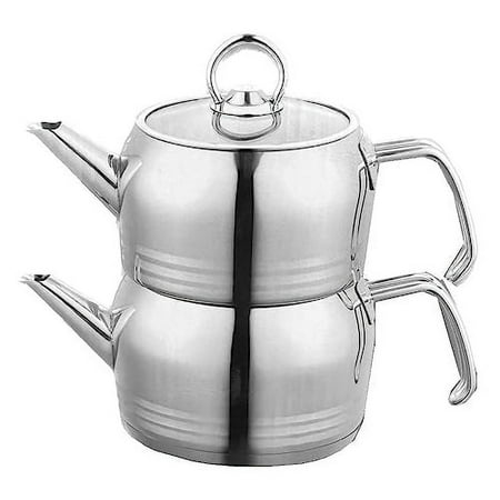 Traditional Modern Persian Russian Middle Eastern Arabic Turkish Induction Korkmaz Double Tea Kettle Thick Heavy Stainless Steel Glass Top Teapot 2-Pc Set 2-Liter + 1.3 Liter Pot Samovar Chai