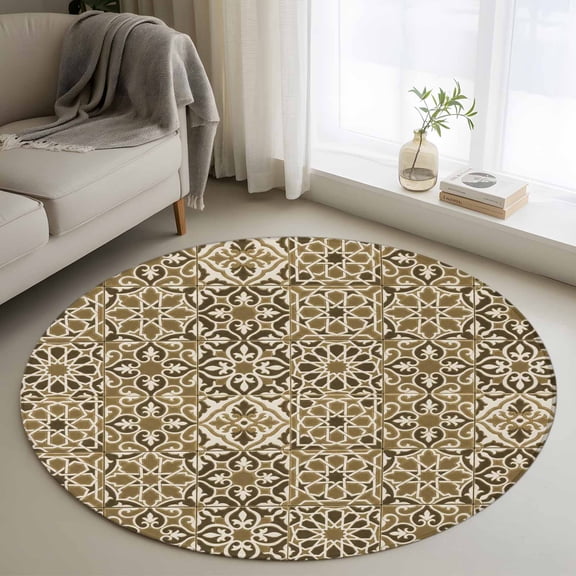 Traditional Morocco 3ft Area Rug, Vintage Abstract Geometric Art Brown Washable Non-Slip Small Round Rugs for Entryway Bedroom Kitchen, Soft Circle Carpet for Dining Room, Playroom Nursery Rug
