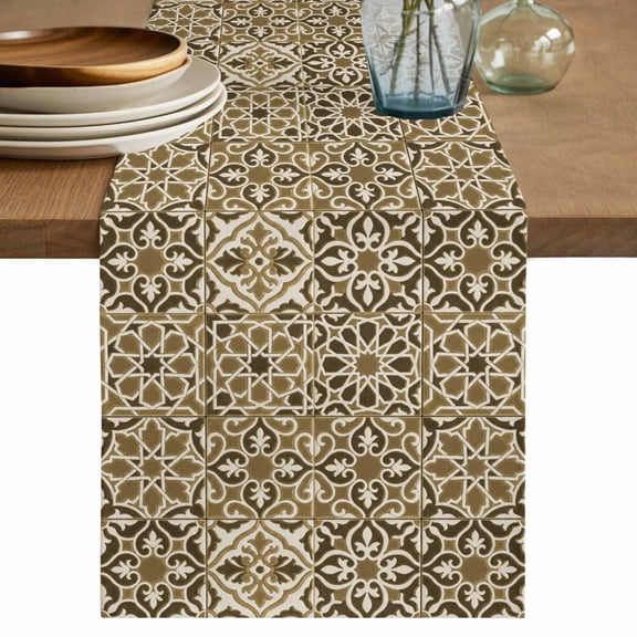 Traditional Morocco Cotton Linen Table Runner for Dining Kitchen, Vintage Abstract Geometric Art Brown Wedding Outdoor Party Tablerunners, Dresser Scarf Coffee Tablecloth Runners 13x36 Inches
