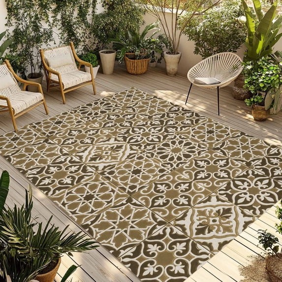 Traditional Morocco Outdoor Rug for Patio/Deck/Porch, Non-Slip Large Area Rug 6 x 9 Ft, Vintage Abstract Geometric Art Brown Indoor Outdoor Rugs Washable Area Rugs, Camping Rug Carpet Runner