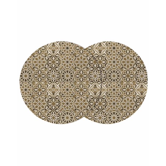 Traditional Morocco Round 13 Inch Placemats Set of 2, Vintage Abstract Geometric Art Brown HeatResistant Non Slip Place Mats for Dining Table, Wipeable Braided Kitchen Table Mats for Housewarming