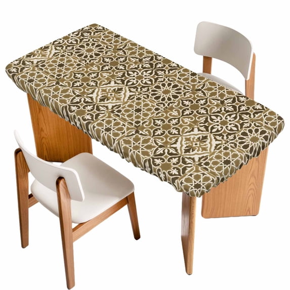 Traditional Morocco Table Cloths for 3 Foot Rectangle Tables, Vintage Abstract Geometric Art Brown Patio Waterproof Elastic Fitted Tablecloths, Washable Rectangular Table Cover for Camping