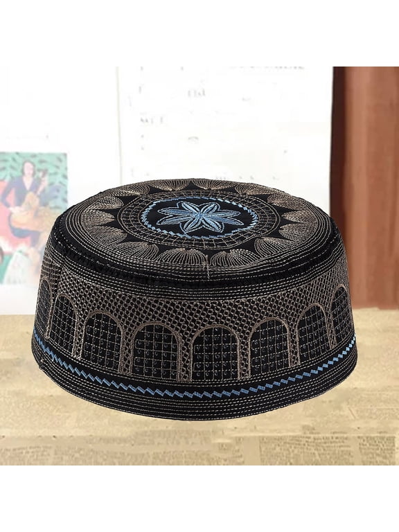 Traditional Muslim Hat for Men Women Embroidered Topi Round Prayer Cap Muslim Soft Lightweight Flat Hat Headwear Breathable Men's Muslim Cap Classic Prayer Cap Muslim Headwear