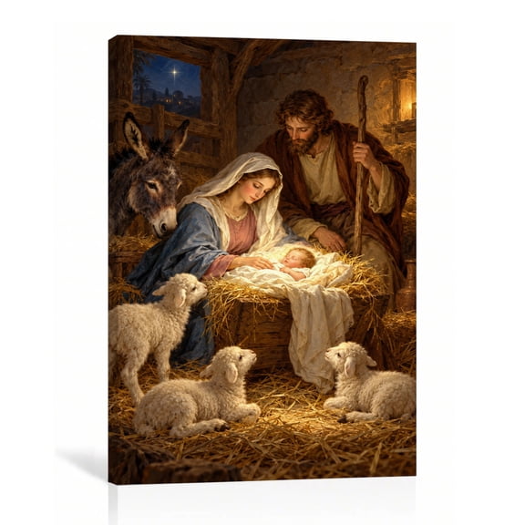 Traditional Nativity Canvas Print, Holy Family Christmas Religious Wall Decor, Manger Scene with Sheep, 24"L x 36"W
