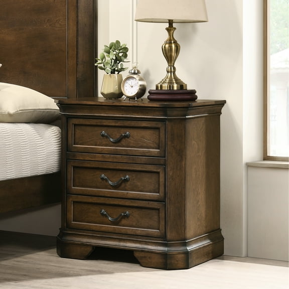 Traditional Nightstand, 3 Drawers, Antique Walnut Color, Solid Wood & 3 Tone, , Spacious Bedroom Storage