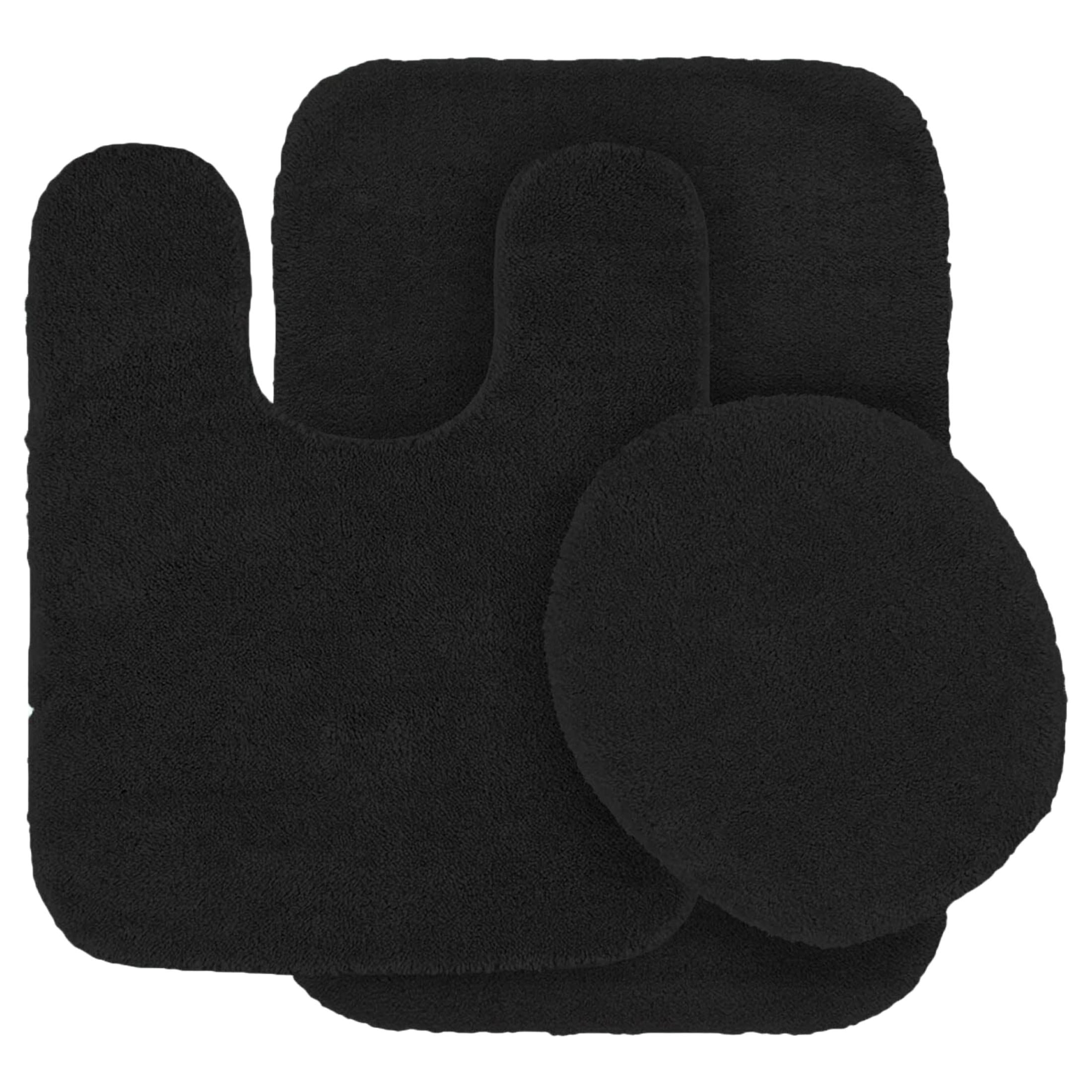 Traditional Non-Slip 3 piece Bath Mat Set Solid Color Bathroom U-Shaped Contour Rug, Mat and Toilet Lid Cover With Rubber Backing New #6 Black