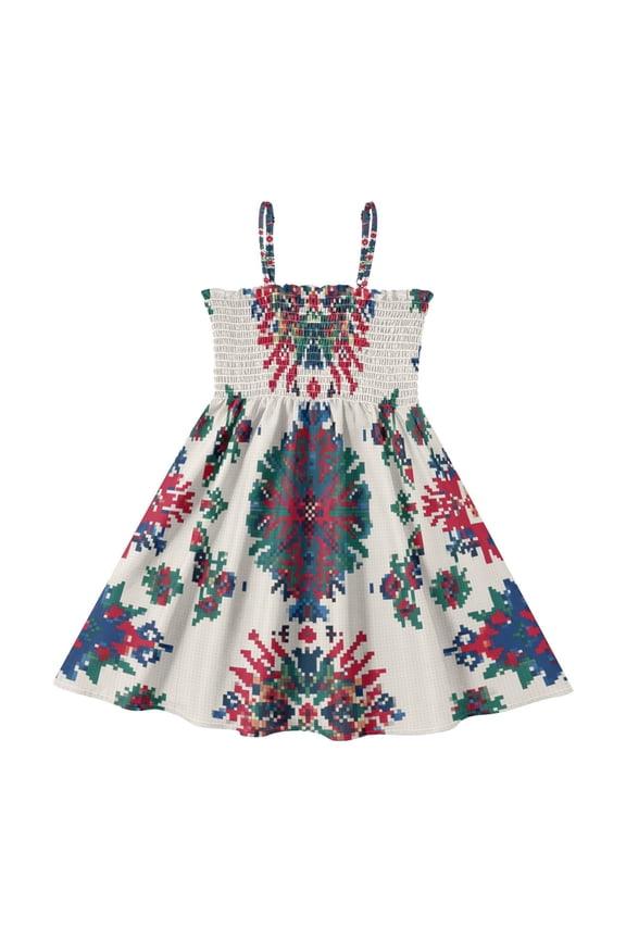 Traditional Nordic Knitted Patterns Girl's Adjustable Cami Dress Casual Sundress Smocked Ruffle A-Line 4T