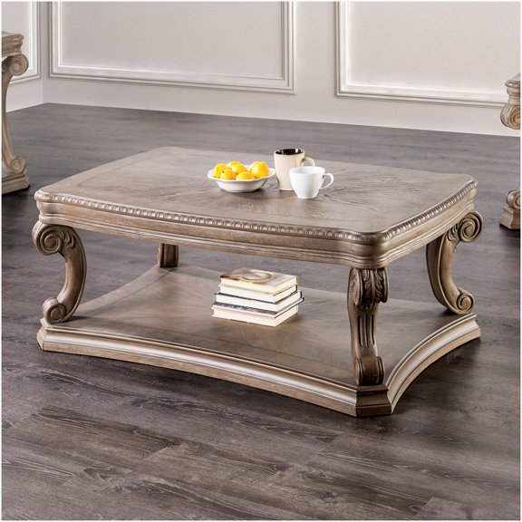 Traditional Oak Finish Coffee Table with Scroll Carved Legs and Open Shelf for Living Room