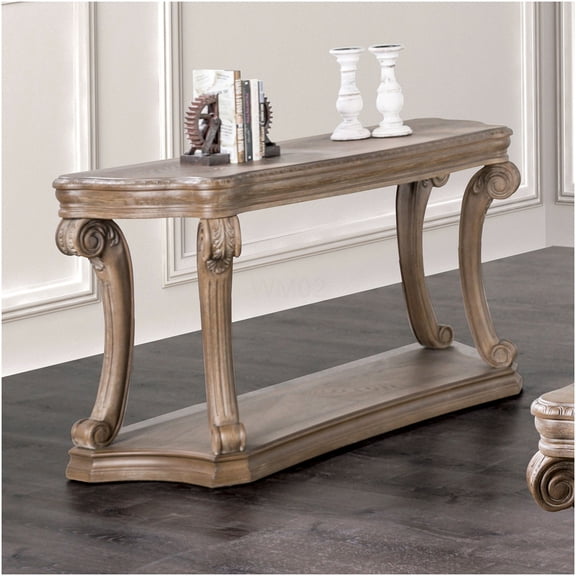 Traditional Oak Sofa Table with Scroll Legs and Open Shelf, Transitional Style Large Sofa Console Table for Living Room