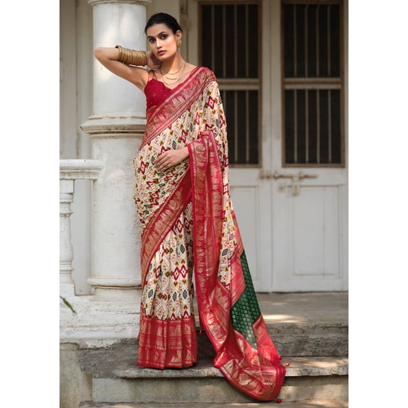 Traditional Off White Red Colored Tussar Silk Ikkat Print Saree