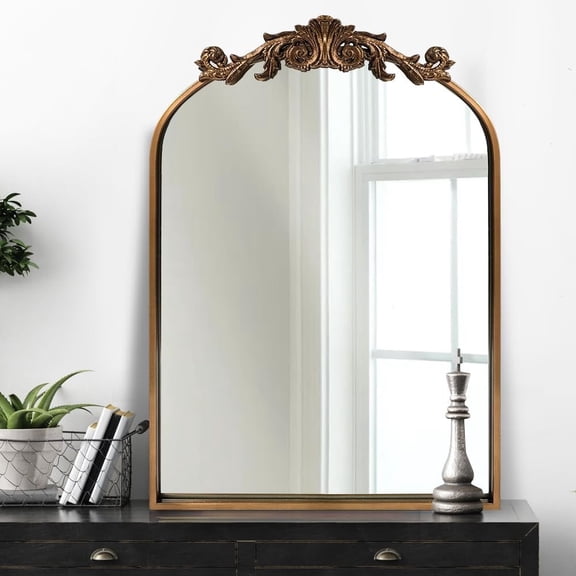 Traditional Ornate Baroque Mirror, Brass Mirror for Wall,Victorian Antique Bronze Mirrors Arched for Bathroom/Living Room/Hallway/Fireplace 19"X27"