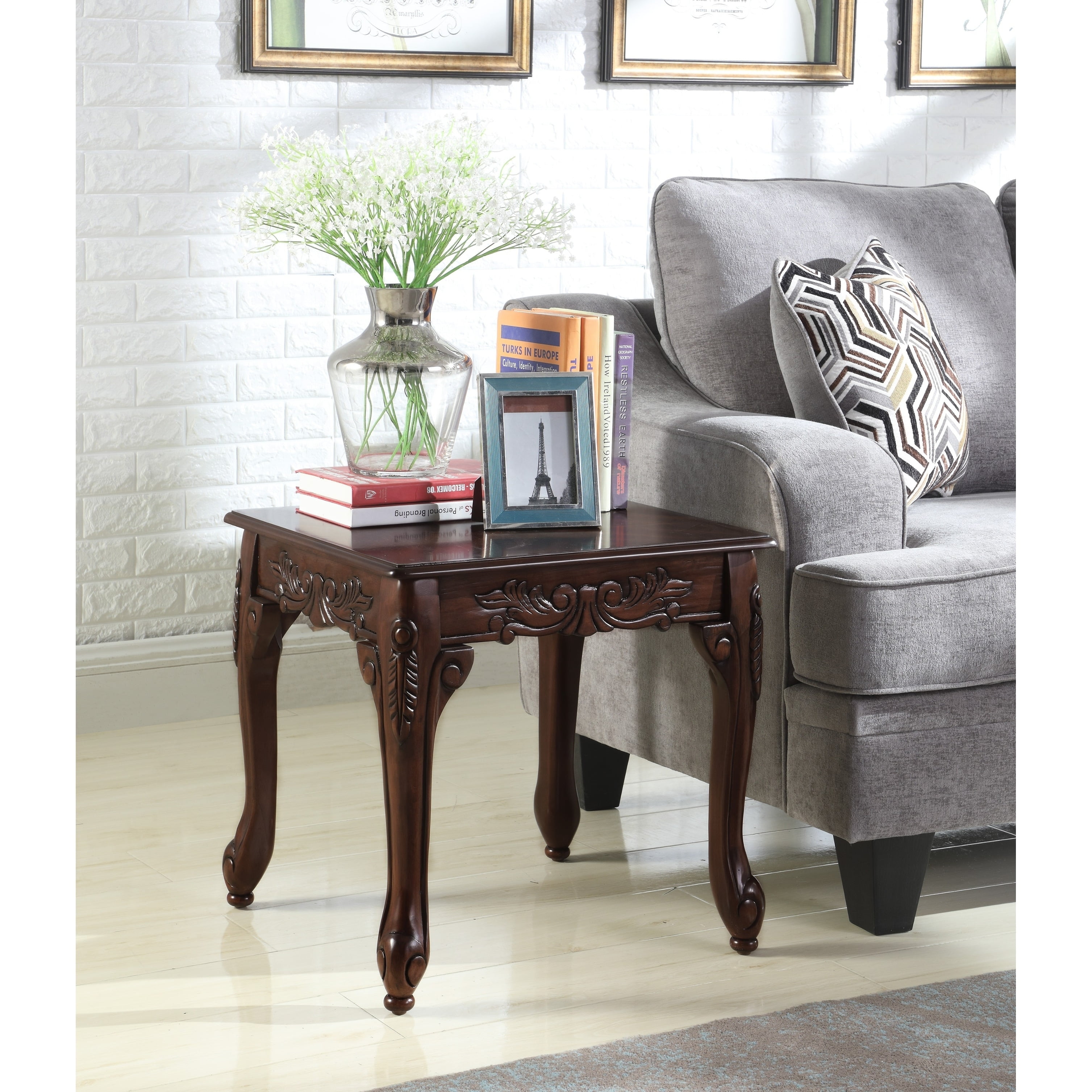 Traditional Dark Cherry Wood End Table with Ornate Detailing