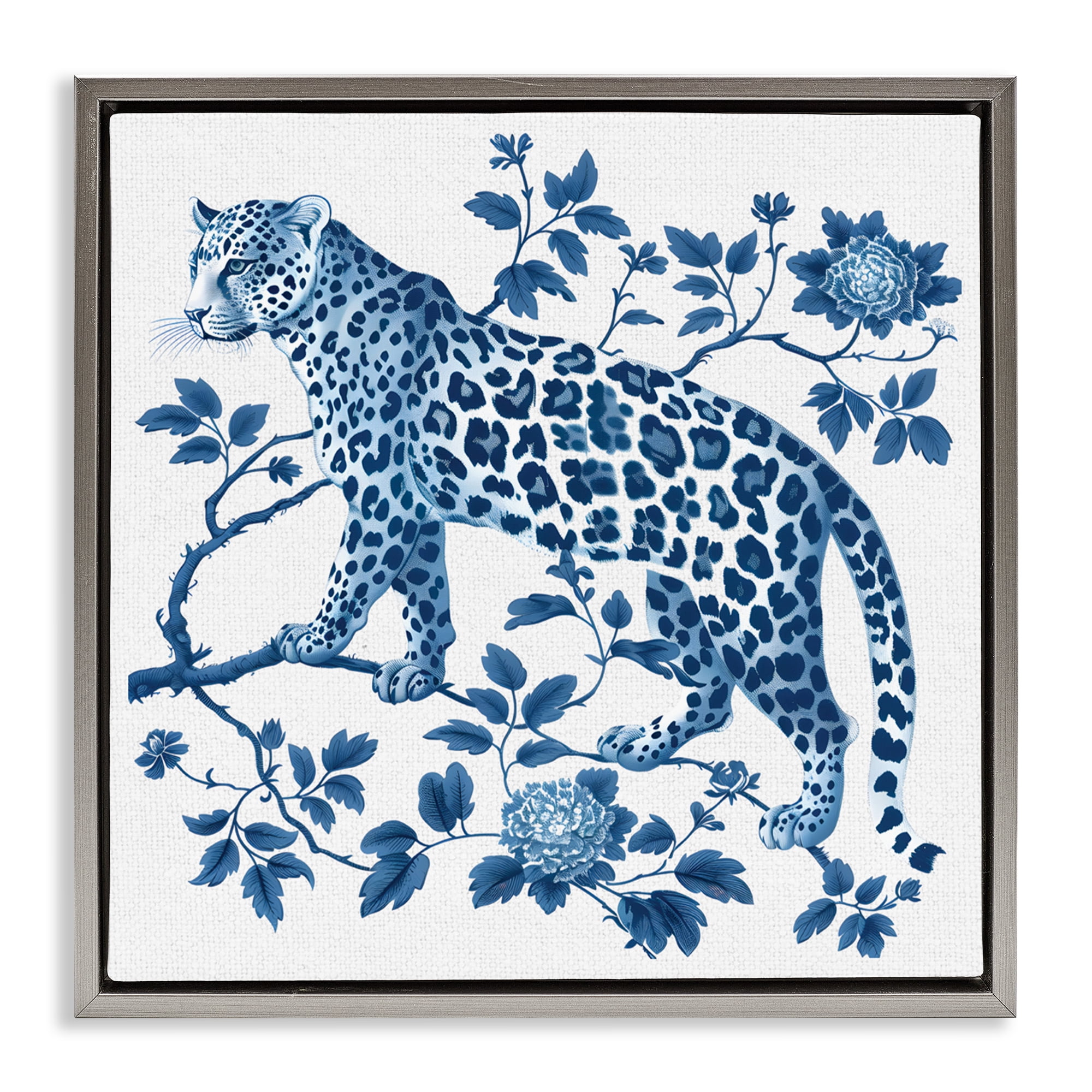 Traditional Ornate Floral Leopard Gray Framed Floater Canvas Wall Art, design by Lettered and Lined