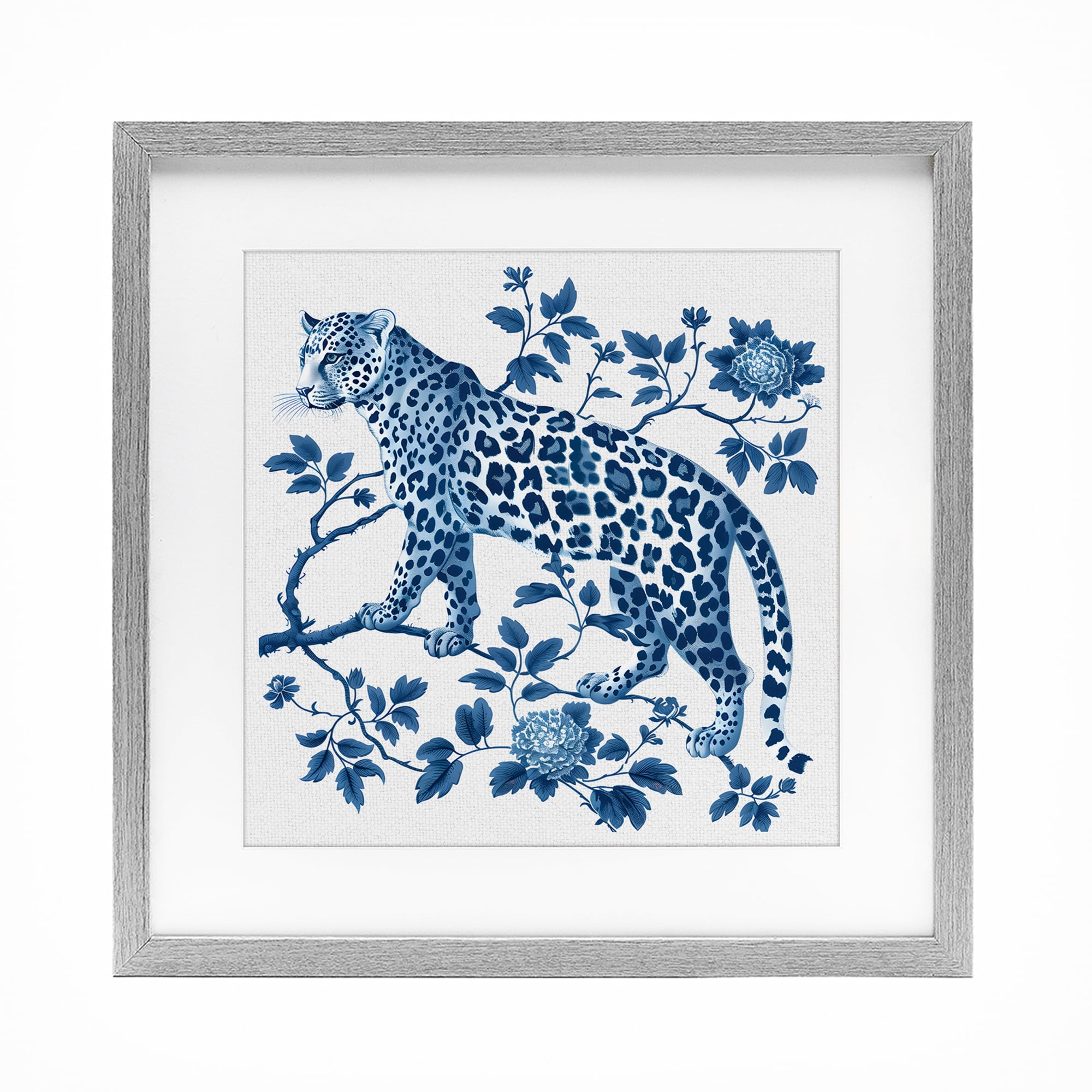 Traditional Ornate Floral Leopard Gray Framed Print Under Glass, design by Lettered and Lined