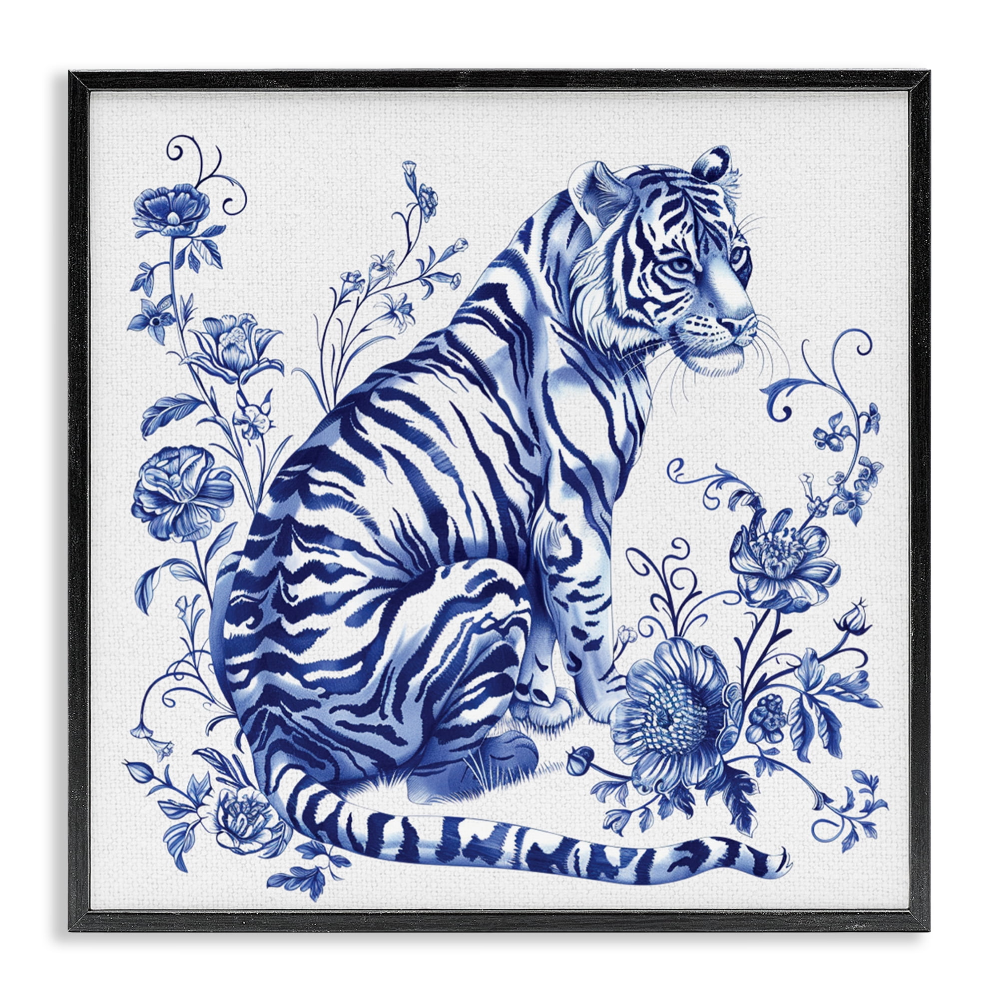 Traditional Ornate Floral Tiger Black Framed Giclee Art, design by Lettered and Lined
