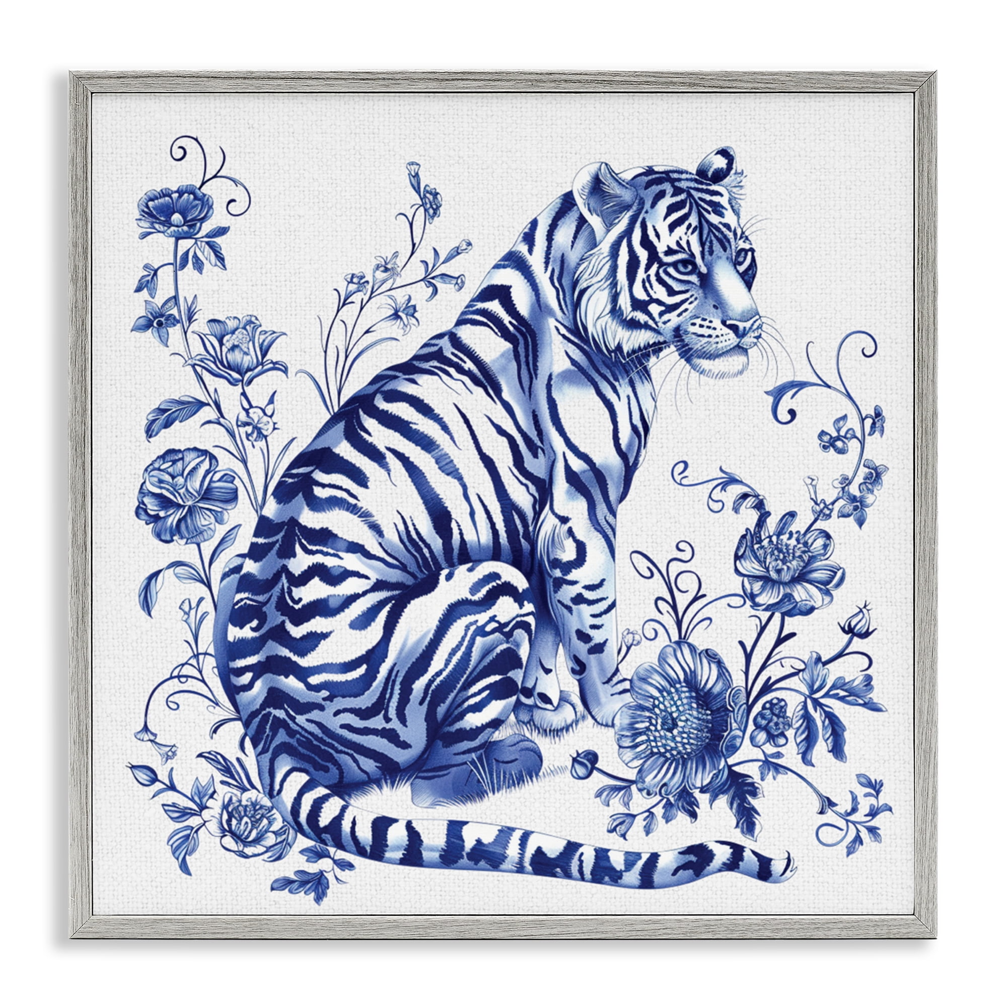 Traditional Ornate Floral Tiger Gray Framed Giclee Art, design by Lettered and Lined