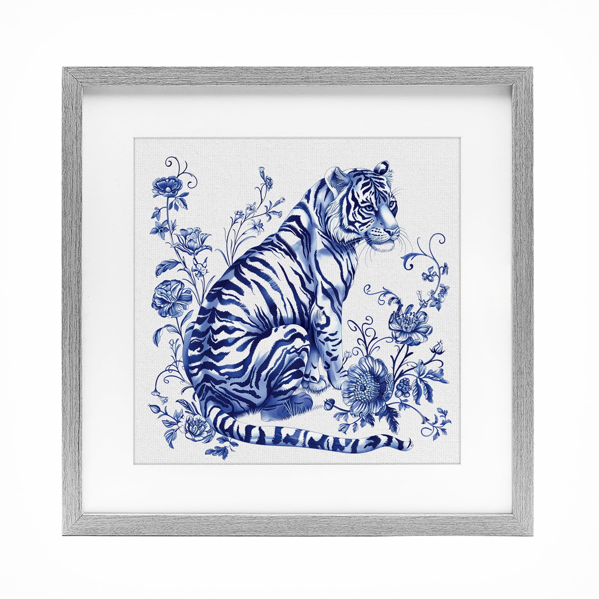 Traditional Ornate Floral Tiger Gray Framed Print Under Glass, design by Lettered and Lined