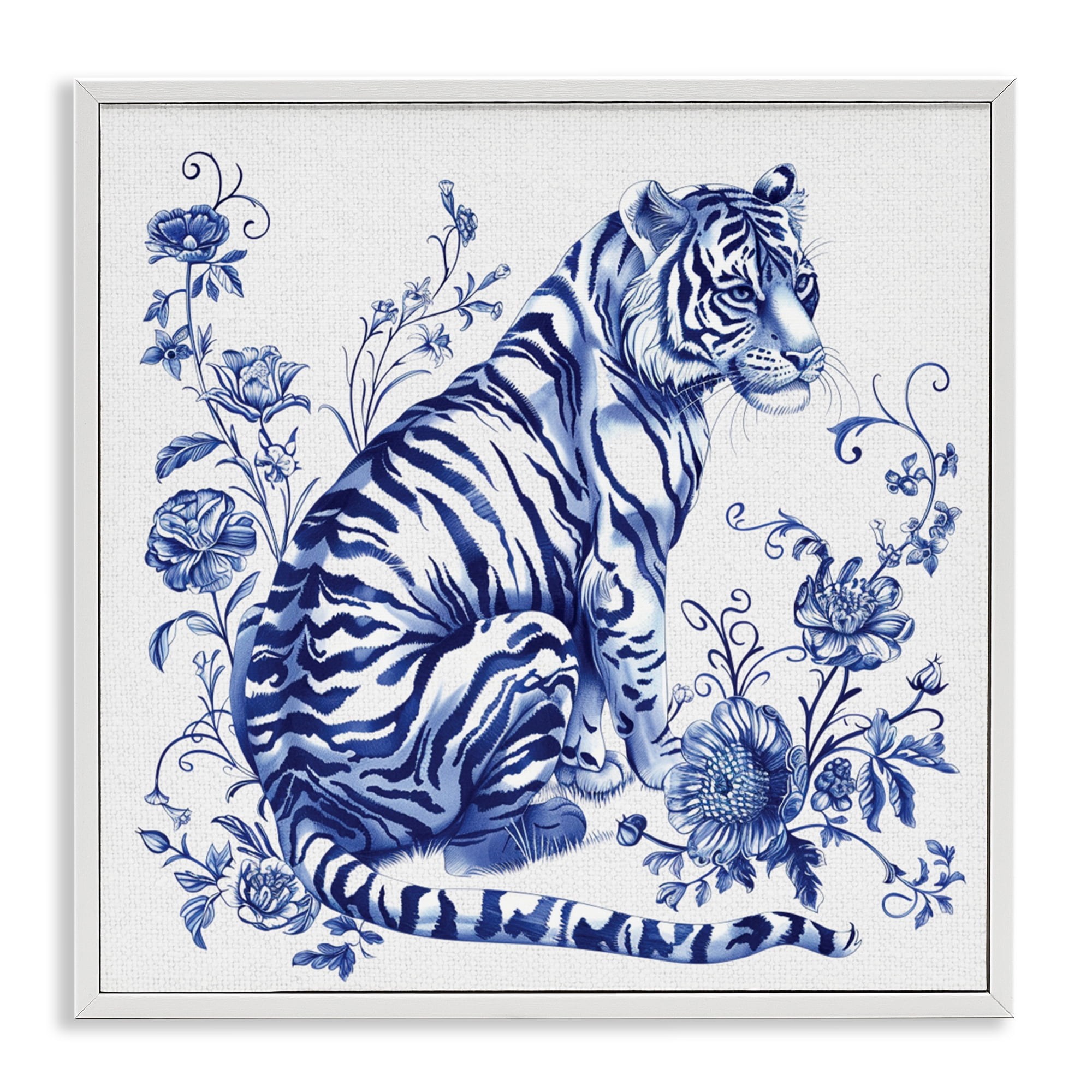 Traditional Ornate Floral Tiger White Framed Giclee Art, design by Lettered and Lined