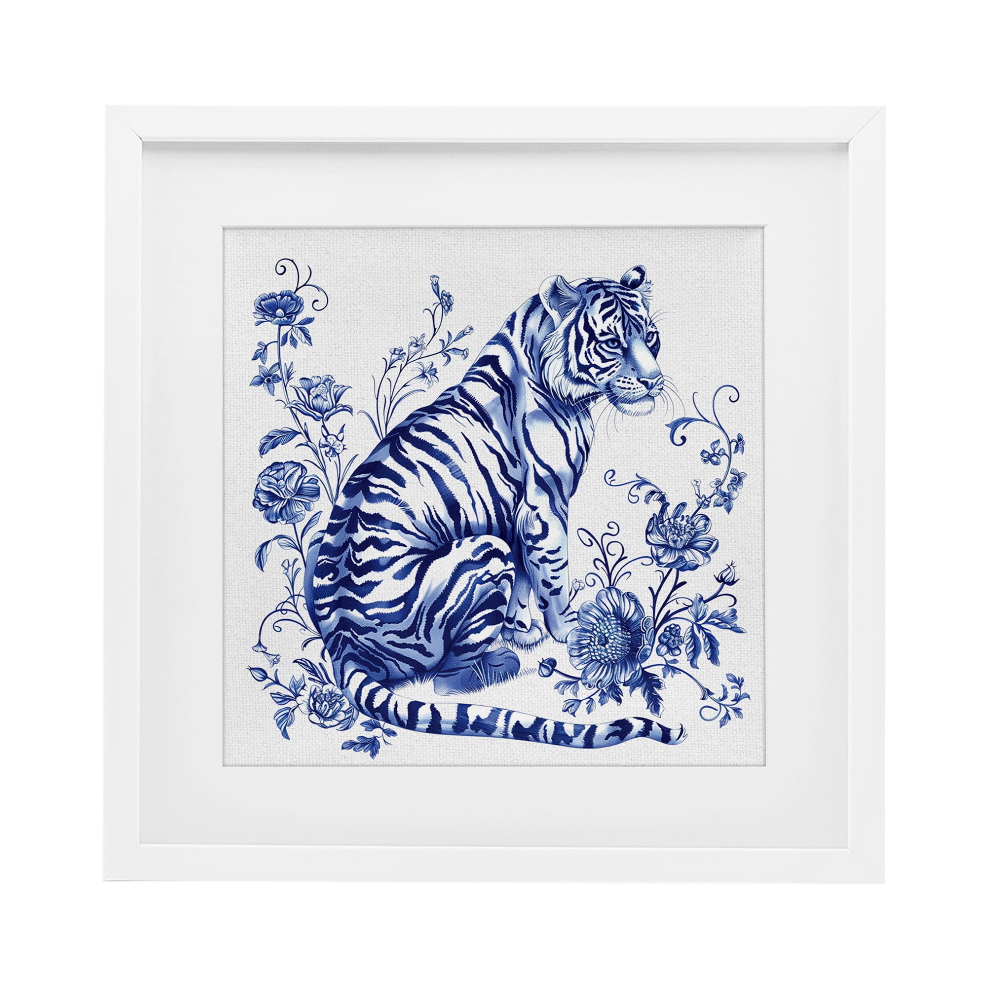 Traditional Ornate Floral Tiger White Framed Print Under Glass, design by Lettered and Lined