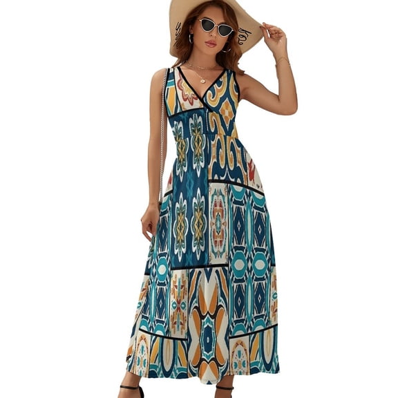 Traditional Ornate Portuguese Pattern Womens Night Club Maxi Dress V Neck Sleeveless Bohemia Long Dresses