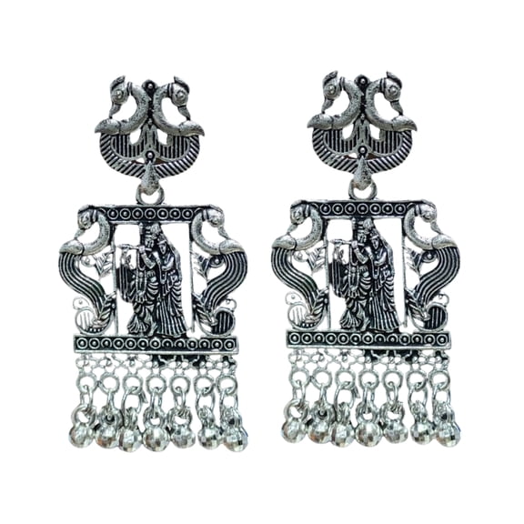 Traditional Oxidized Finish Peacock Motif Dangle Earrings with Goddess Design and Hanging Bead Charms
