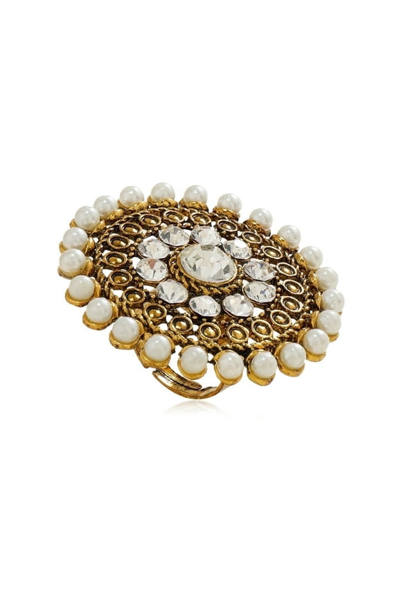 Traditional Oxidized Golden Adjustable Finger Ring with Pearls & Crystals Women Statement Jewelry
