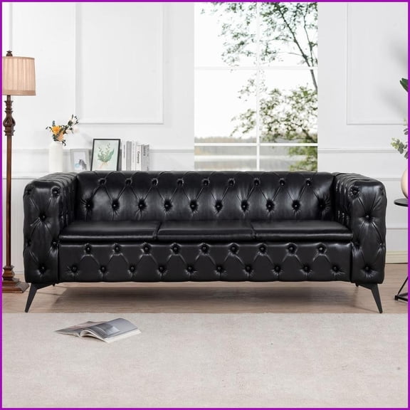 Traditional 84 3-Seater Sofa PU Upholstery, Removable Cushions, Square Arms | Living Room | Black