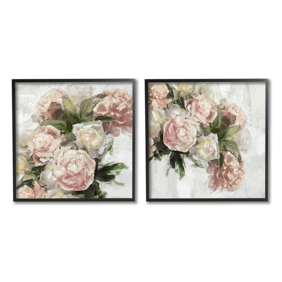 Traditional Peony Blossoms Arrangement Botanical & Floral Graphic Art Black Framed Art Print Wall Art, Set of 2