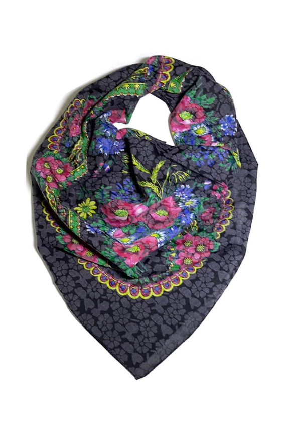 Traditional Polish Ukrainian Folk Cotton Head Scarf - Floral Black