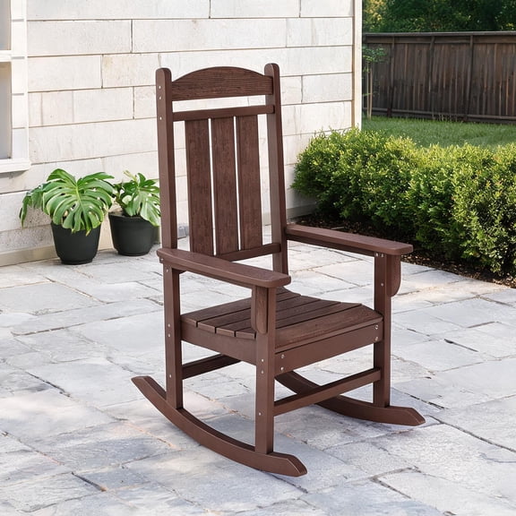 Traditional Porch Rocker in Warm Brown HDPE Poly Lumber for Relaxed Outdoor Seating