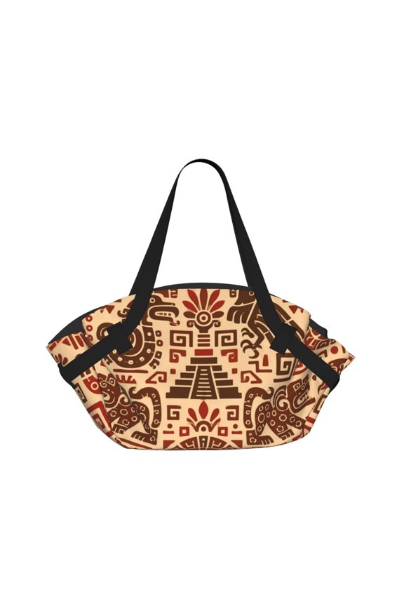 Traditional Pre-Columbian Aesthetic Design 2-in-1 Foldable Picnic Blanket Tote Bag Shoulder Handbag, Large Circular Outdoor Mat for Beach Camping Park