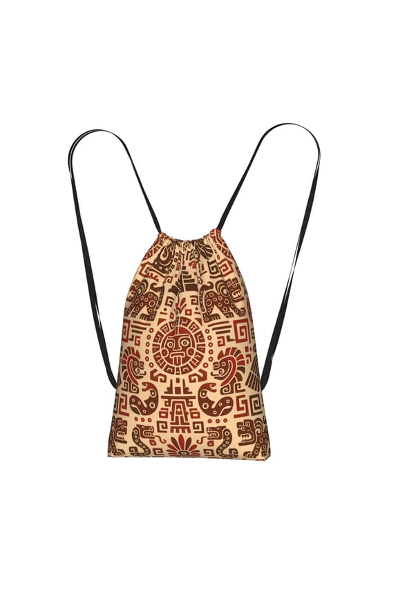 Traditional Pre-Columbian Aesthetic Design Packable Drawstring Backpack, Lightweight Foldable Cinch Storage Bag for Gym Travel Shopping