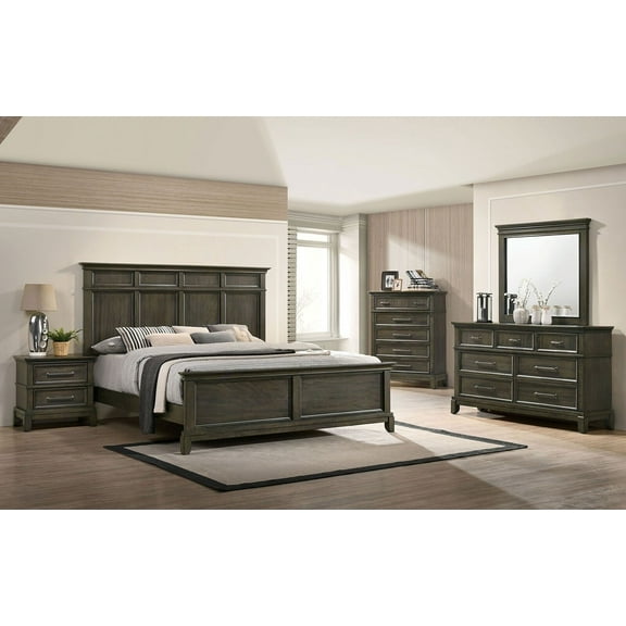 Traditional Queen Size Bed Dresser Mirror Nightstand 4pc Set Gray Solidwood Panel Style HB Bedroom Furniture