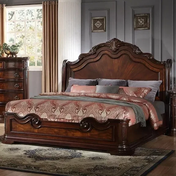 Traditional Queen Size Bed Frame, Solid Wood Bedroom Furniture, Walnut Finish