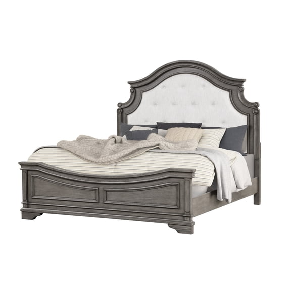 Traditional Queen Size Bed In Gray, Fabric-upholstered Headboard, Strong Wood Frame, Box Spring Required Rustic Gray Bedroom Bed, Massive Picture Frame Moldings, Engineered Hardwood,