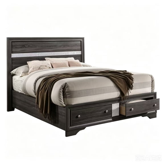 Traditional Queen Size Storage Bed  Wood Frame in Gray with 2 Built-in Drawers, No Box Spring Needed, Slat Platform Bed, Traditional Style for Bedroom, Engineered Wood Construction