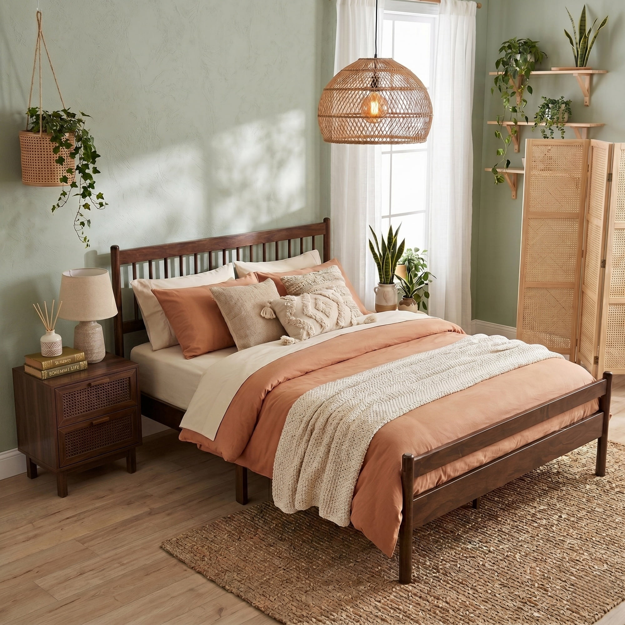 Traditional Queen Size Wooden Bed with Slatted Headboard and Footboard, Pinewood Platform Bed with Under Bed Storage, No Box Spring Needed, Walnut