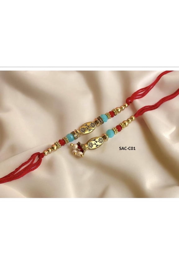 Traditional Rakhi for Brother Gold Beads, Floral Design & Red Thread