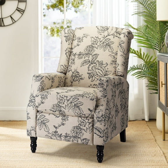 Traditional Manual Recliner Chair Push Back Upholstered Wingback Fabric Living Room Indigo