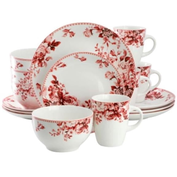 Traditional Red Rose Dinnerware Set - Red - 16 Piece - Elegant Design