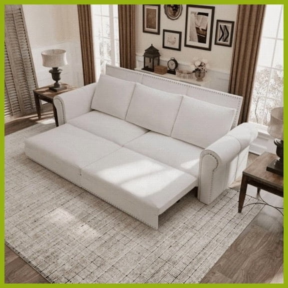 Traditional Retro Velvet 3-in-1 Convertible Sleeper Sofa Bed - 93.7" King Size with Nailhead Trim & Rolled Arms, Beige for Living Room & Bedroom