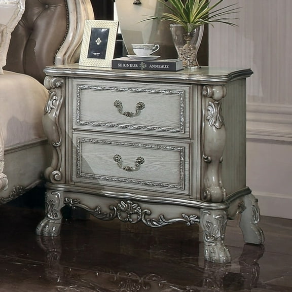Traditional Rococo Bone White Wooden Nightstand with 2 Drawers