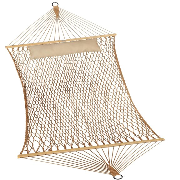 Traditional Rope Double Hammock - Hand Woven Cotton with Hardwood Spreader Bar and Pillow for Outdoor Indoor Patio Yard - Brown