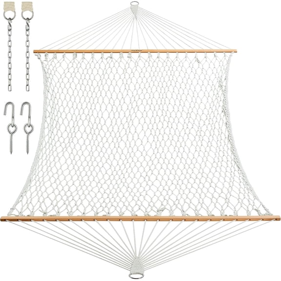 Traditional Rope Double Hammock - Hand Woven Polyester Hammock with Hardwood Spreader Bar 450lb Capacity for Outdoor Indoor Patio Yard - White