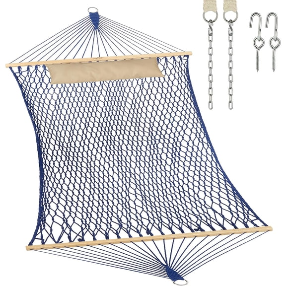 Traditional Rope Double Hammock with Hardwood Spreader Bar and Pillow 450 lb Capacity 10.5 ft Blue