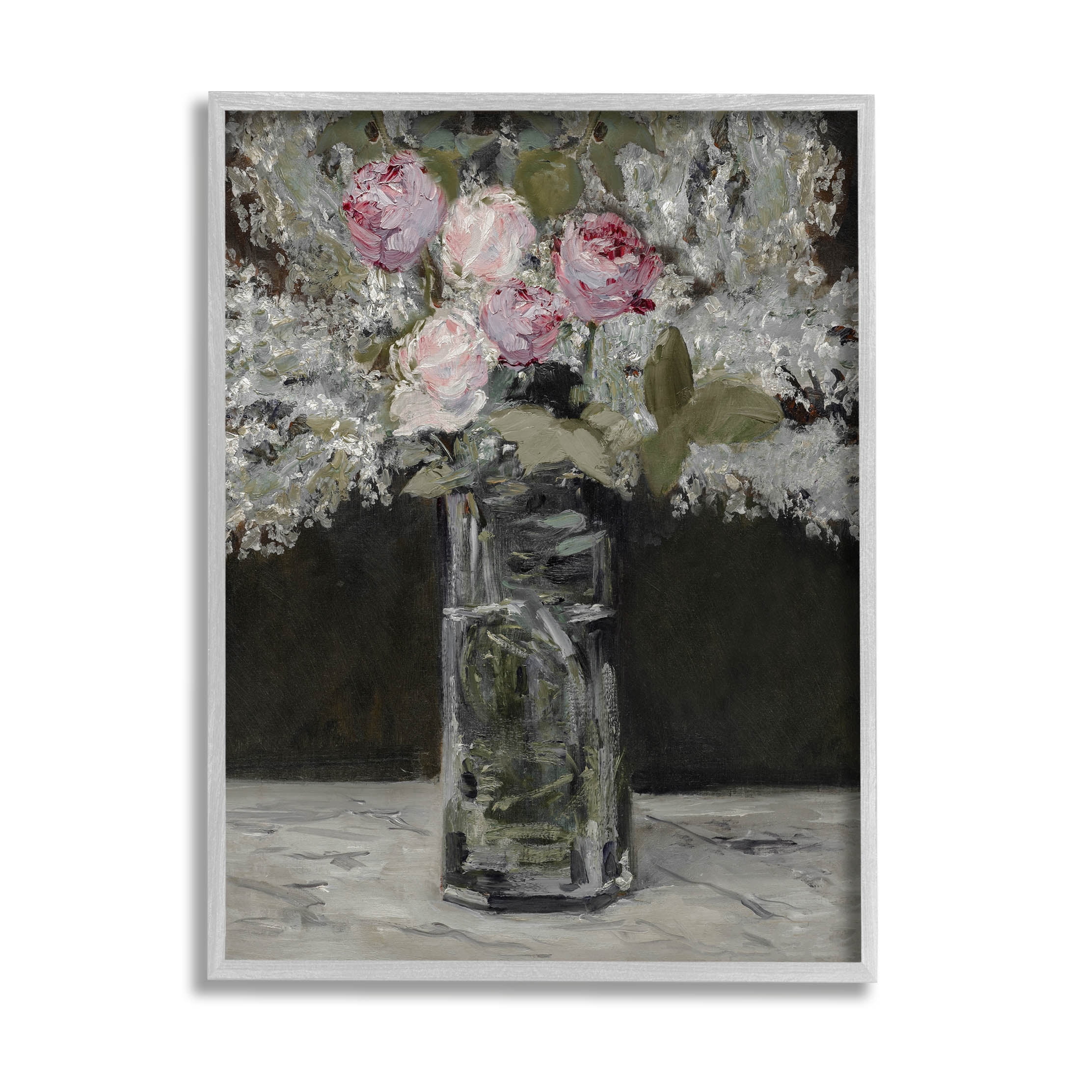 Traditional Rose Bouquet Still Life Botanical & Floral Painting Gray Framed Art Print Wall Art